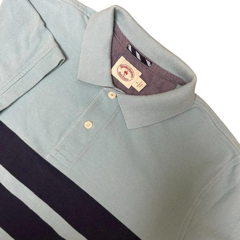 Brooks Brothers Red Fleece Mens Polo Shirt Size Large Blue Stripe Short Sleeve